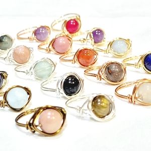 24 piece round gemstone wire wrapped ring lot, assorted, wholesale lot